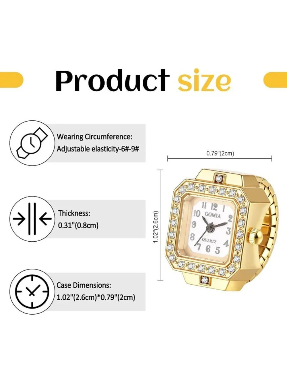 Unisex Gold White Quartz Stainless Steel Elastic Band Square Finger Ring Watch
